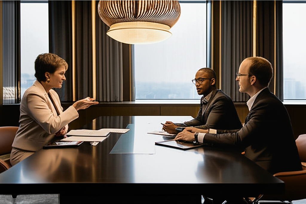 Consulta financiera premium en ambiente profesional elegante